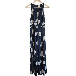 Japna Maxi Dress Women M Navy Blue White Floral Smocked Halter Back Y2K Feminine
